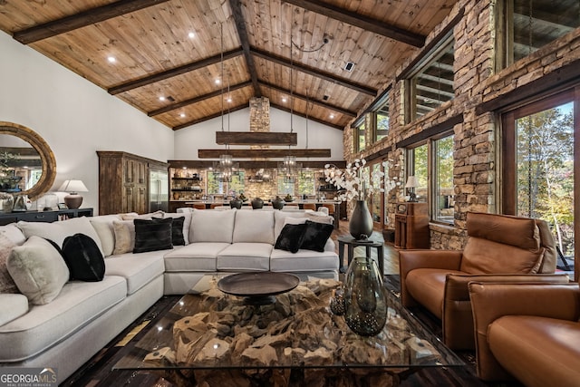 living room with high vaulted ceiling, dark wood-type flooring, and wood ceiling