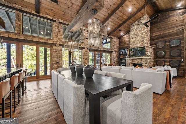 dining space with high vaulted ceiling, hardwood / wood-style flooring, a fireplace, beam ceiling, and wood ceiling