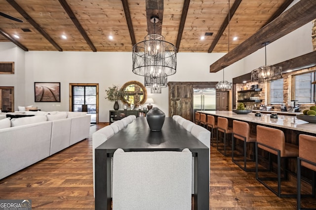 dining space with beam ceiling, dark hardwood / wood-style flooring, and wooden ceiling