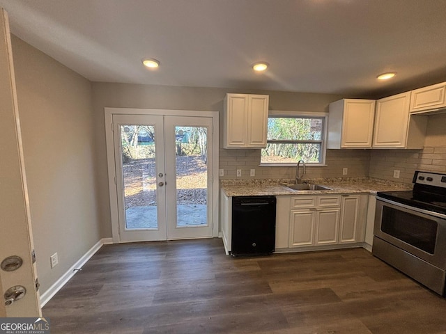 kitchen featuring french doors, white cabinets, sink, electric range, and black dishwasher