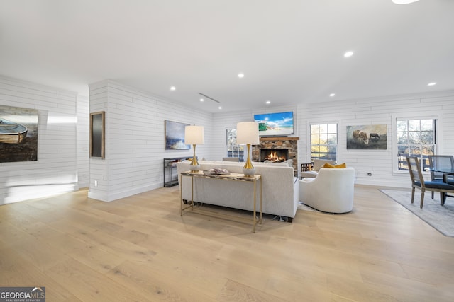 living room featuring a stone fireplace and light hardwood / wood-style flooring