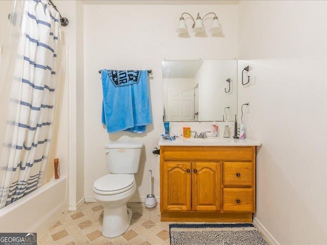 full bathroom with tile patterned flooring, vanity, shower / tub combo, and toilet