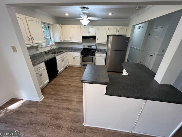 kitchen with crown molding, sink, dark hardwood / wood-style floors, and appliances with stainless steel finishes