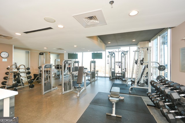 gym featuring expansive windows and a healthy amount of sunlight