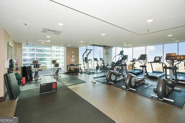 workout area featuring a wall of windows