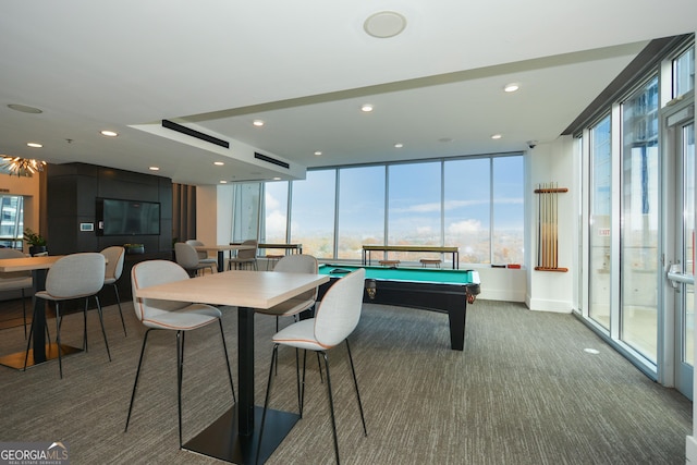 rec room featuring dark colored carpet and pool table