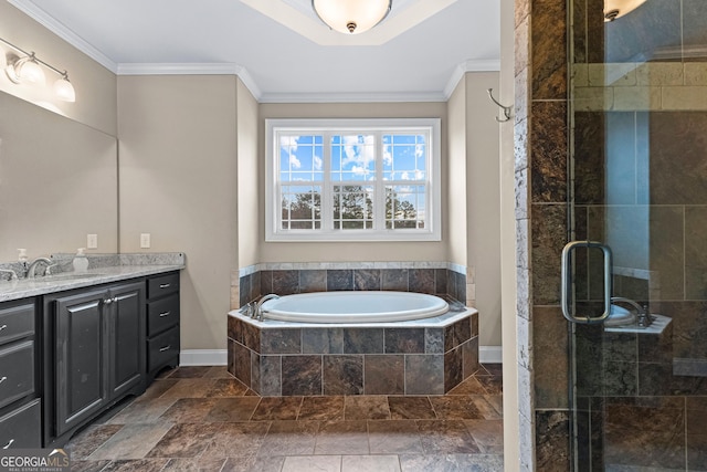 bathroom with vanity, shower with separate bathtub, and crown molding