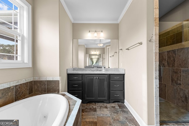 bathroom with vanity, crown molding, and independent shower and bath