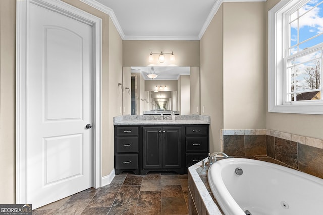 bathroom featuring vanity, ornamental molding, and tiled tub