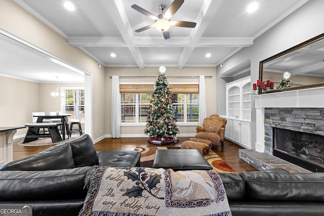 living room featuring beam ceiling, coffered ceiling, a fireplace, and dark hardwood / wood-style floors