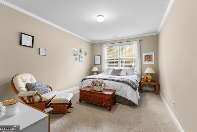 carpeted bedroom featuring crown molding