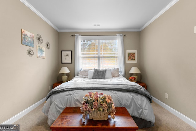 bedroom featuring carpet floors and ornamental molding