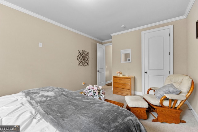 carpeted bedroom featuring ornamental molding