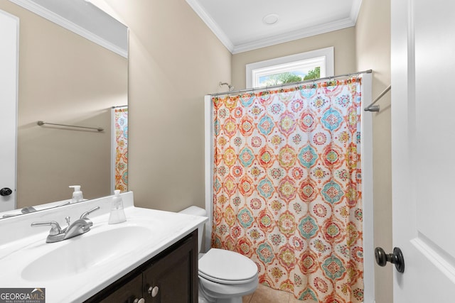 bathroom with vanity, tile patterned floors, toilet, ornamental molding, and walk in shower