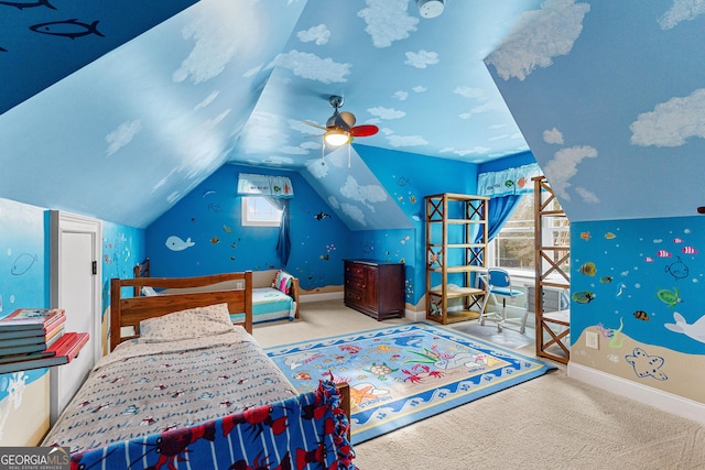 carpeted bedroom with ceiling fan and lofted ceiling