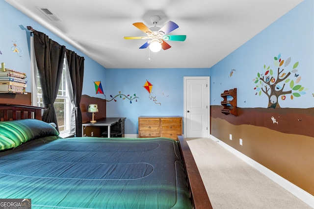 carpeted bedroom featuring ceiling fan