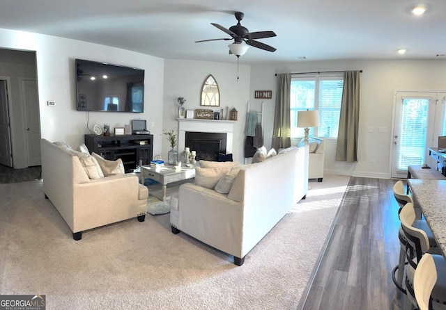 living room with hardwood / wood-style floors and ceiling fan