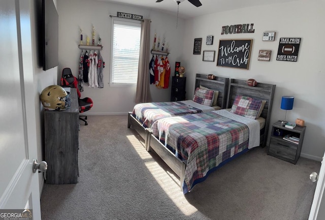 carpeted bedroom featuring ceiling fan