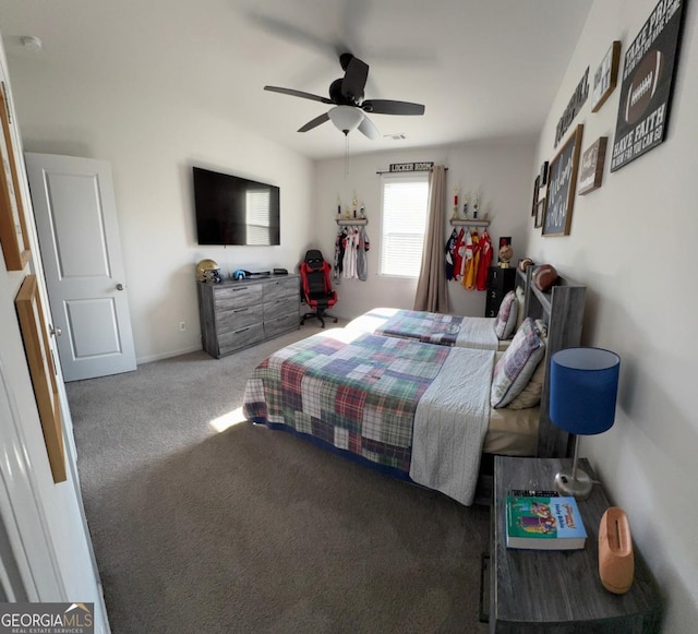 bedroom featuring carpet flooring and ceiling fan