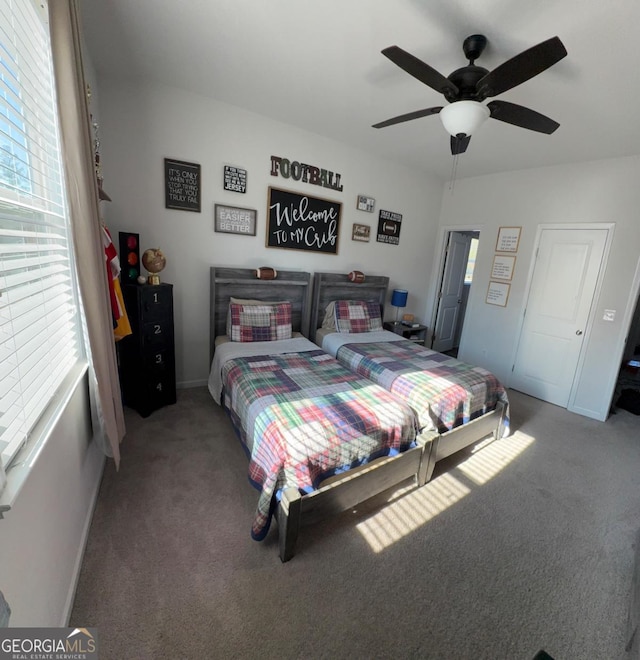 bedroom featuring carpet flooring and ceiling fan