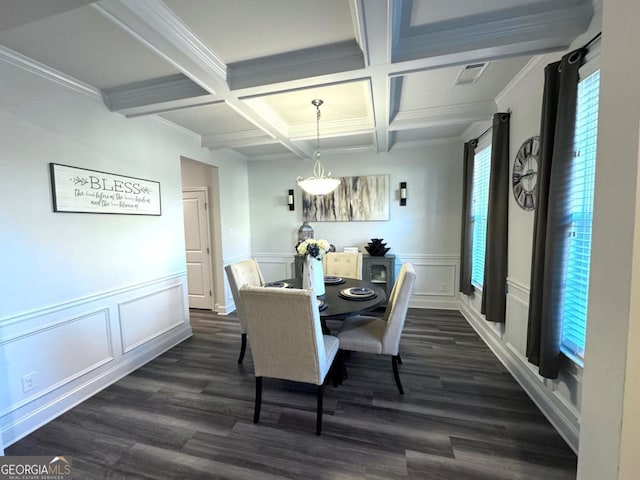 dining space with crown molding, coffered ceiling, beamed ceiling, and dark hardwood / wood-style floors