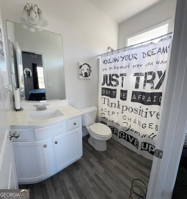 bathroom with vanity, a healthy amount of sunlight, toilet, and wood-type flooring