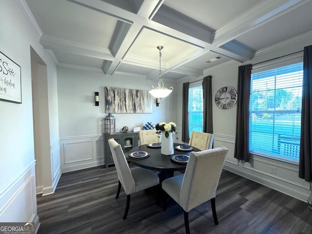 dining room featuring beamed ceiling, dark hardwood / wood-style flooring, and coffered ceiling