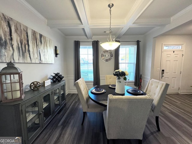 dining area with beamed ceiling, ornamental molding, dark wood-type flooring, and coffered ceiling