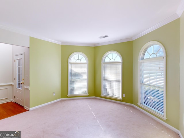 carpeted empty room featuring a wealth of natural light and ornamental molding