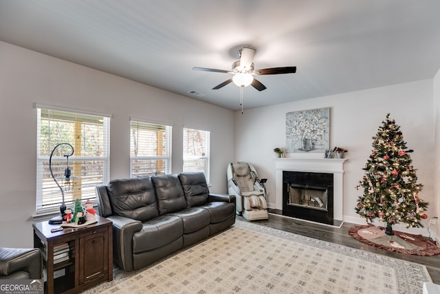 living room with ceiling fan and light wood-type flooring