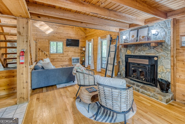 living room with beam ceiling, hardwood / wood-style flooring, wood ceiling, and wood walls