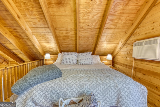 bedroom featuring beam ceiling, a wall mounted AC, wood walls, and wood ceiling