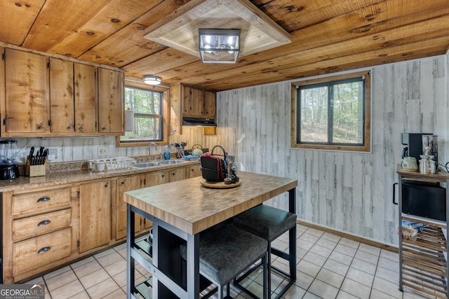 kitchen featuring wood walls, sink, light tile patterned flooring, and wooden ceiling