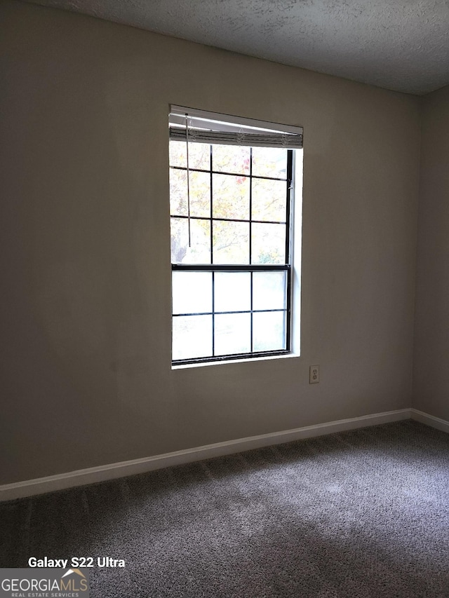 unfurnished room with carpet and a textured ceiling