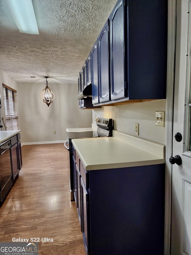 kitchen featuring pendant lighting, dishwasher, a chandelier, light hardwood / wood-style floors, and stainless steel electric range oven