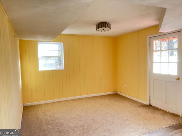 spare room with carpet floors and wooden walls