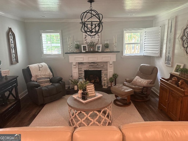 living room featuring a fireplace, ornamental molding, and dark hardwood / wood-style flooring