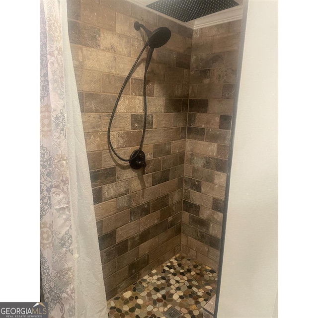 bathroom with a shower with shower curtain