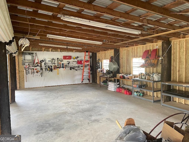 garage with a workshop area