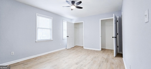 unfurnished bedroom featuring ceiling fan and light hardwood / wood-style flooring