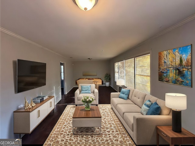 living room featuring ornamental molding and dark hardwood / wood-style floors