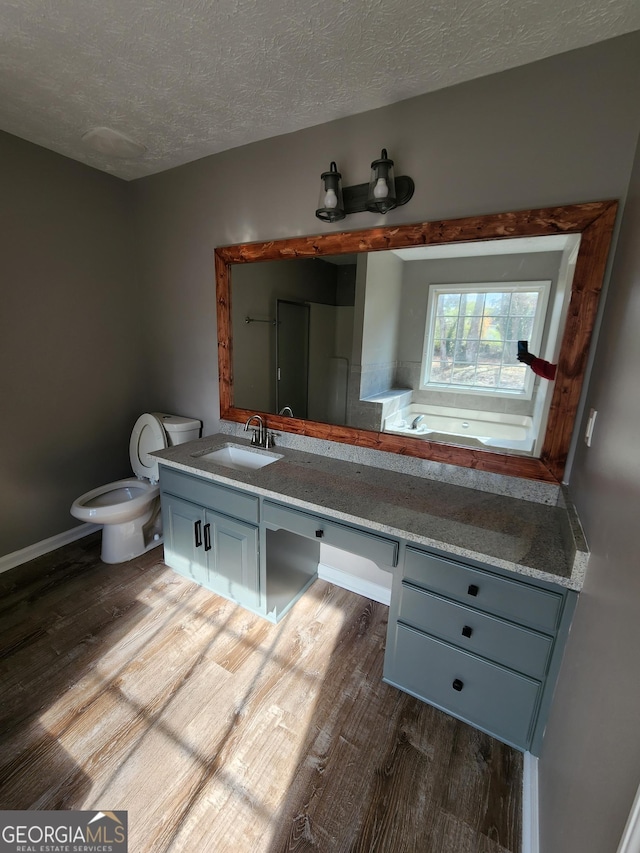 bathroom with hardwood / wood-style flooring, vanity, toilet, and a textured ceiling