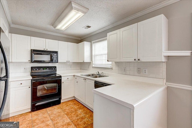 kitchen featuring backsplash, white cabinetry, crown molding, and black appliances