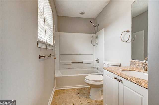 full bathroom featuring vanity, tile patterned floors, shower / washtub combination, toilet, and a textured ceiling