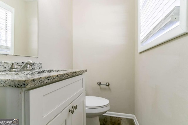 bathroom with vanity, hardwood / wood-style flooring, and toilet