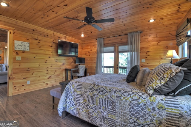 bedroom with access to outside, ceiling fan, wooden ceiling, and dark hardwood / wood-style floors