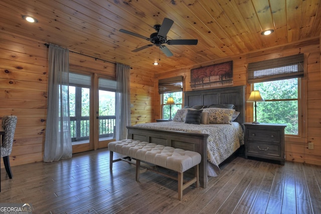 bedroom with dark hardwood / wood-style flooring, wood ceiling, multiple windows, and wood walls