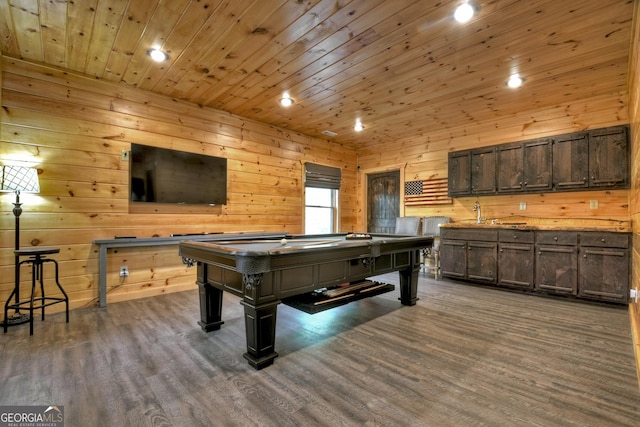 playroom with dark hardwood / wood-style flooring, pool table, wood ceiling, and wood walls