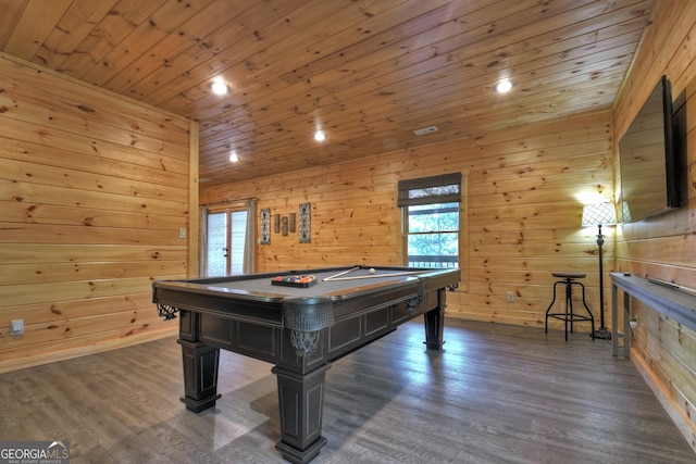 playroom with wood walls, wood ceiling, dark wood-type flooring, and billiards