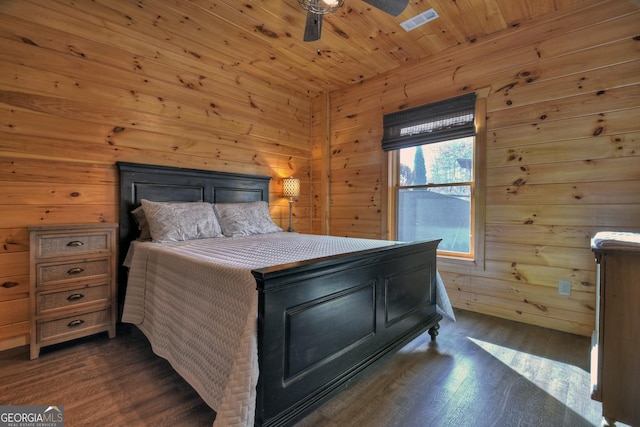 bedroom featuring ceiling fan, wood walls, dark hardwood / wood-style flooring, and wood ceiling